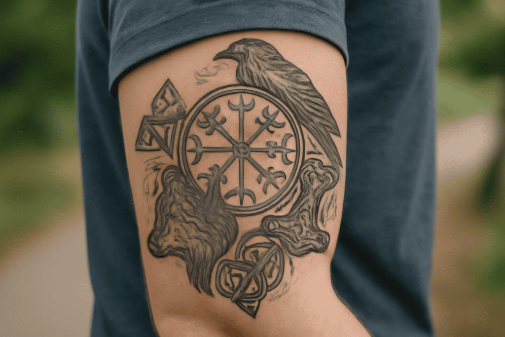 Illustration af nordisk mytologi symboler tattoo