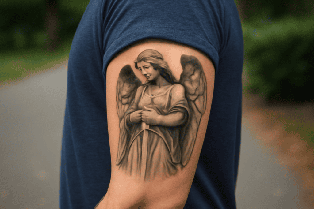 Illustration af skytsengel tatovering